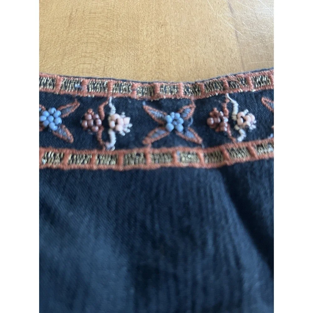 Free People Women's Beaded Embroidered Boho Peasant Top Black Sz XS Oversized